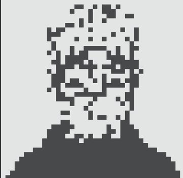 A pixelated grayscale portrait of a person where only the bottom shoulders and neck are fully rendered, while the face is mostly composed of scattered, glitchy pixels.