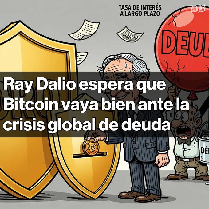 A cartoon illustration depicting a banker placing a Bitcoin into a golden shield slot, with a red 'DEBT' balloon and another sweating banker in the background; Spanish text reads 'TASA DE INTERÉS A LARGO PLAZO' and 'Ray Dalio espera que Bitcoin vaya bien ante la crisis global de deuda'.