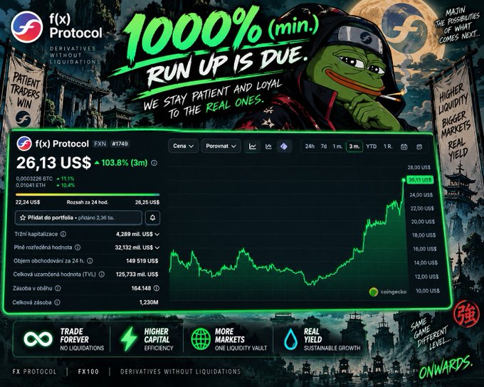 A promotional screenshot for f(x) Protocol featuring a Pepe the Frog ninja, showing a 1000% price increase to 26.13 US$ and chart data with the slogan "ONWARDS."