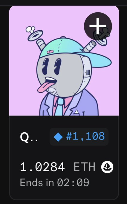 A digital collectible card from the Quirky Mouse NFT collection, listed as #1,108 and featuring a robot character with teal cap, pink tongue, and purple suit. The auction shows a current price of 1.0284 ETH (~$1,108) with 02:09 remaining, aligning with the post highlighting this as a cheap chance to snag a unique sideways-capped quirky robot.