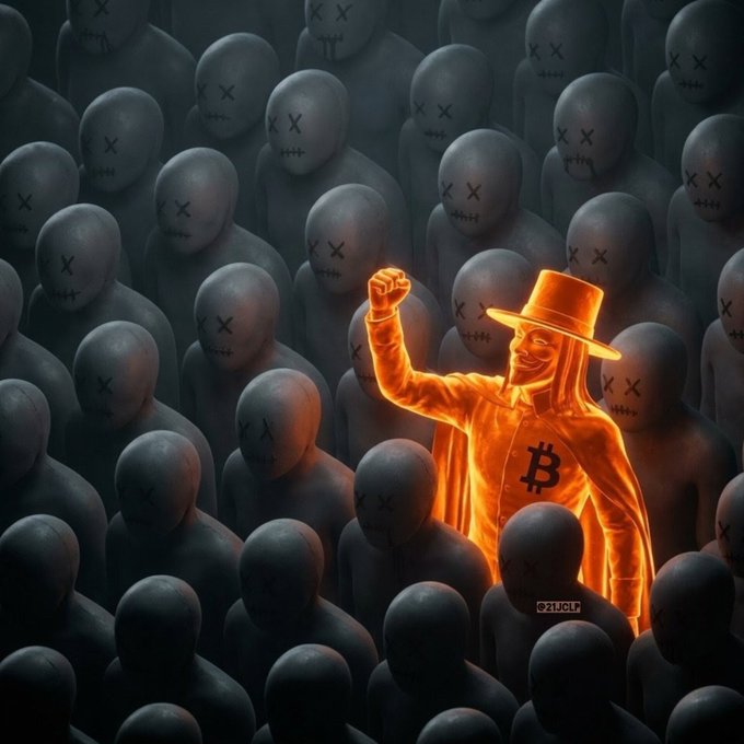 Digital artwork depicting a glowing orange figure wearing a hat and a Bitcoin-logo cape, standing triumphantly with a raised fist among a crowd of grey figures marked with 'X' eyes.