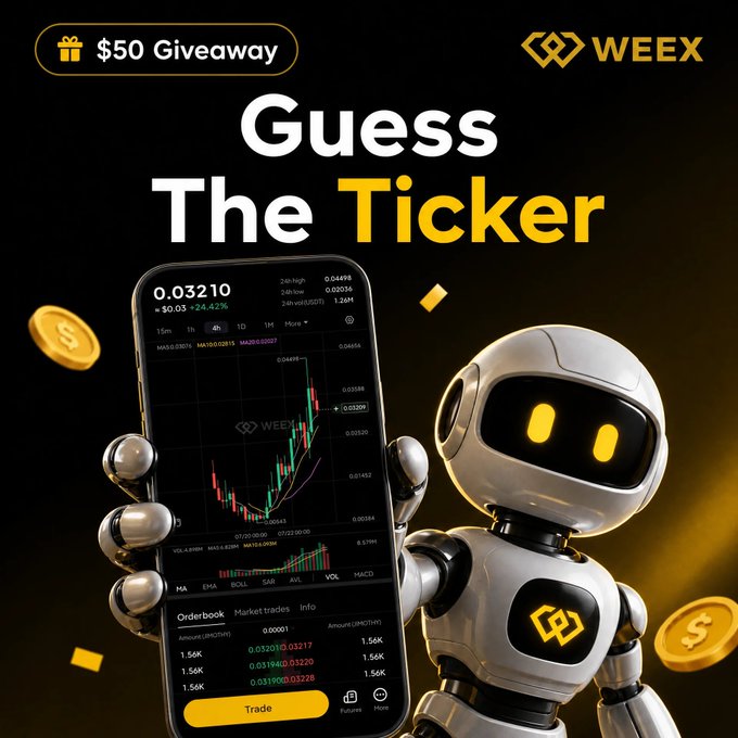 A WEEX exchange promotional graphic featuring a robot holding a smartphone displaying a trading chart, advertising a '$50 Giveaway' for guessing the ticker.