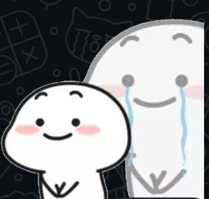 A cartoon illustration shows two white, round characters with rosy cheeks; the smaller one smiles while the larger one cries tears of joy against a dark, doodle-filled background.