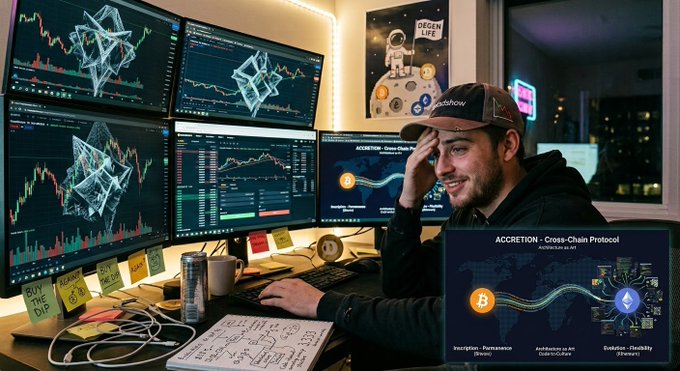 A young man wearing a 'dataflow' cap works at a multi-monitor computer setup displaying cryptocurrency charts and 3D graphs, with a Bitcoin energy drink can on the desk and a graphic reading 'ACCRETION - Cross-Chain Protocol' showing Bitcoin and Ethereum logos.