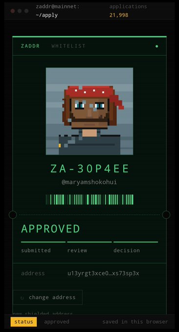 A pixel art profile shows a bearded character with a red bandana, labeled "ZA-30P4EE" with the username "@maryamshokohui" and marked as "APPROVED."