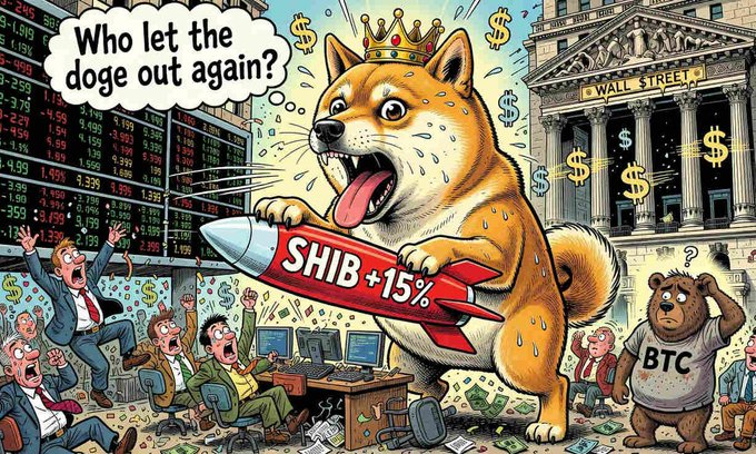 A cartoon meme showing a crowned Shiba Inu dog holding a rocket labeled 'SHIB +15%' in front of Wall Street, with a confused bear wearing a 'BTC' shirt and panicked traders around.