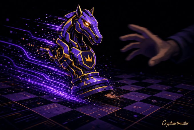 A glowing purple and gold cyberpunk-style knight chess piece stands on a digital circuit-board chessboard, with a human hand reaching toward it from the right, symbolizing AI-human interaction. The watermark "Cryptoartmaster" appears in the bottom right, reinforcing the post's theme of trustless, lightning-fast AI agent execution in Web3 through the iconic chess move metaphor.