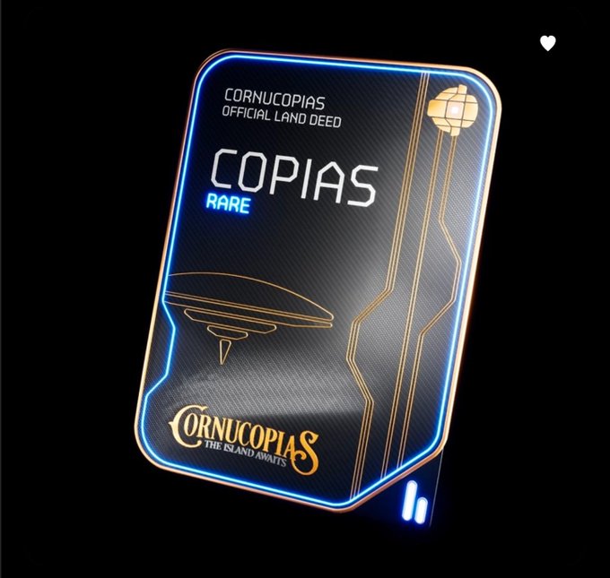 A digital "Cornucopias Official Land Deed" NFT card labeled "COPIAS RARE," featuring a futuristic dark design with blue neon borders and gold line art of a landscape.