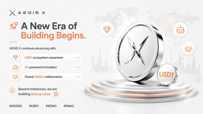 The image is a promotional graphic for AEGIS X, featuring the tagline "A New Era of Building Begins" alongside a large silver coin displaying the AEGIS X "X" logo next to a smaller USD1 coin, set against a world map backdrop with icons highlighting USD1 ecosystem expansion, AI-powered innovation, and Global XDAO collaboration.