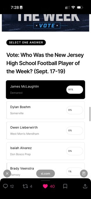 A mobile screenshot of an si.com voting poll titled 'Vote: Who Was the New Jersey High School Football Player of the Week? (Sept. 17-19)', with James McLaughlin of Demarest leading with 91% of the vote.