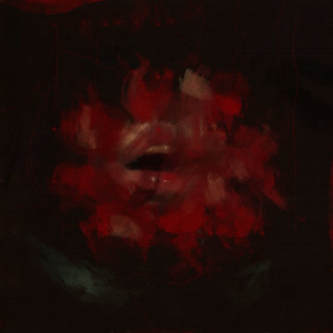 A close-up of a red rose is obscured and distorted by dark, smudged brushstrokes against a black background, evoking the withered, decaying beauty referenced in the artwork's title. The painting mirrors the post's reference to a "wrong rose," suggesting a corrupted or flawed version of the iconic American Beauty.