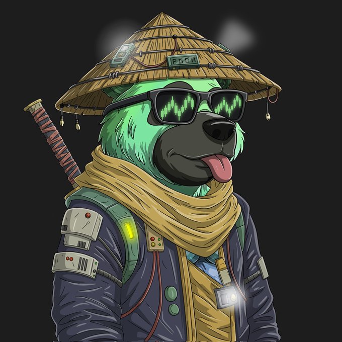 A cartoon illustration of a green dog-like character wearing a straw hat, LED-style green sunglasses, a yellow scarf, and a cyberpunk jacket, with a sword strapped to its back.