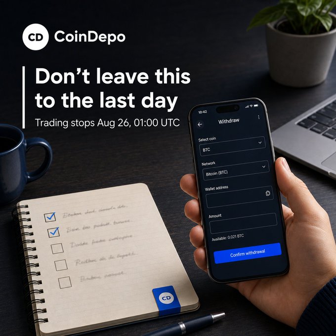 CoinDepo promotional advertisement showing a hand holding a phone with a BTC withdrawal screen, alongside a checked task list, with text 'Don't leave this to the last day' and 'Trading stops Aug 26, 01:00 UTC'.