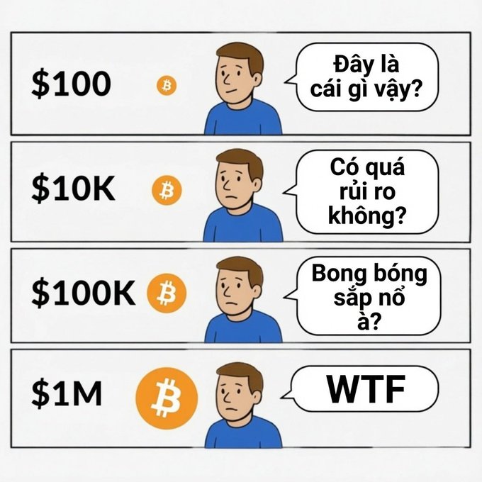 A four-panel meme shows a man's evolving reaction to Bitcoin's price milestones: he asks "What is this?" at $100, "Is it too risky?" at $10K, "Is the bubble about to burst?" at $100K, and simply "WTF" at $1M, with an increasingly larger Bitcoin logo in each panel. The Vietnamese captions match the post, illustrating the typical retail investor's disbelief and shifting skepticism as BTC price targets climb.