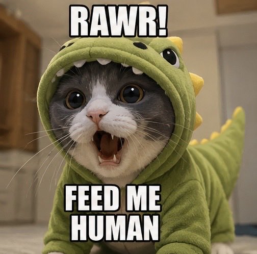 A cat in a green dinosaur costume with its mouth wide open is overlaid with meme text reading 'RAWR!' on top and 'FEED ME HUMAN' on the bottom.