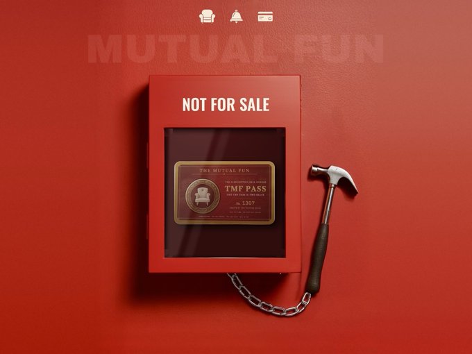 A promotional graphic shows a framed gold coin labeled 'TMF PASS No. 1397' with 'THE MUTUAL FUN' branding, marked 'NOT FOR SALE', alongside a hammer and chain on a red background.