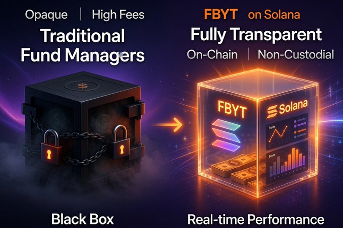 A side-by-side comparison contrasts "Traditional Fund Managers" (depicted as a locked, opaque "Black Box" with high fees) against "FBYT on Solana" (shown as a glowing, transparent cube labeled "Fully Transparent," "On-Chain," and "Non-Custodial" with real-time performance charts). The visual reinforces the post's message by illustrating the shift from secretive legacy finance to fully visible, Solana-based vaults where every trade and fee is open for inspection.