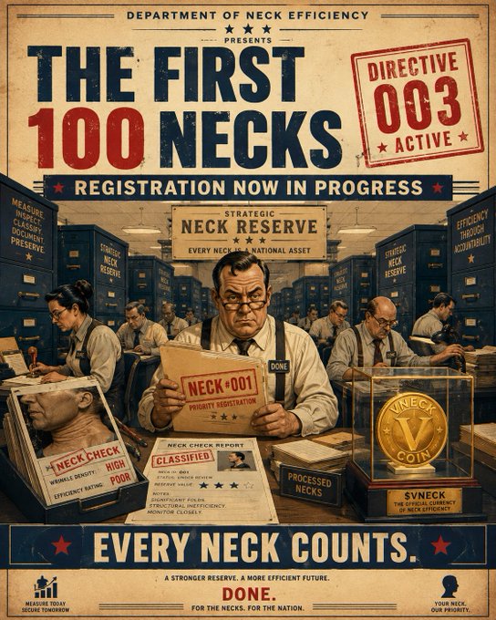 A satirical vintage-style poster for the 'Department of Neck Efficiency' promotes 'The First 100 Necks' registration, featuring men in a bureaucratic office processing neck files with slogans like 'Every Neck Counts.'