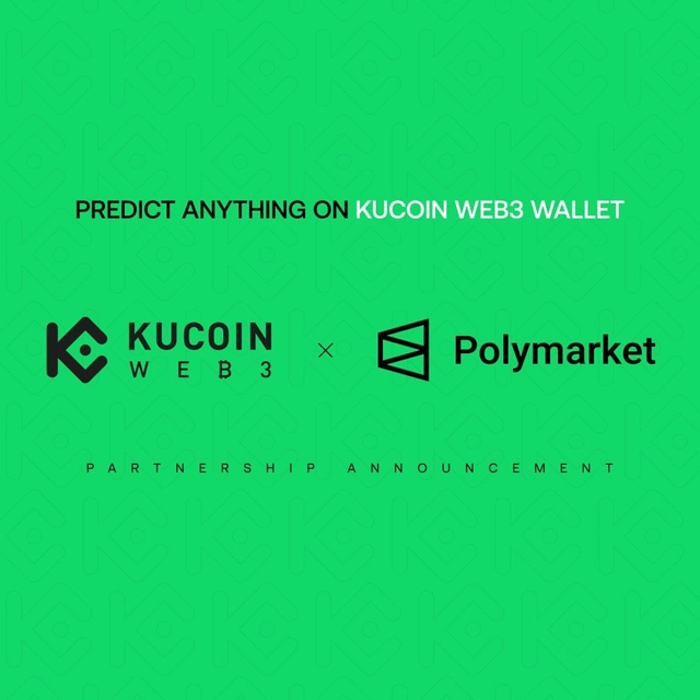 The image features a green background with white text that reads "Predicate anything on KuCoin web 3". Below this, there are two logos - one for KuCoin and another for Polymarket. The text also mentions an announcement about a partnership between these two companies.