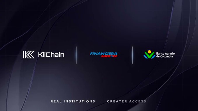 The image displays three logos in a row against a dark background—KiiChain, Financiera Juriscoop, and Banco Agrario de Colombia—with the tagline "REAL INSTITUTIONS · GREATER ACCESS" below, illustrating KiiChain's growing partnerships with established Colombian financial institutions that lend tangible credibility to the $KII project beyond market hype.