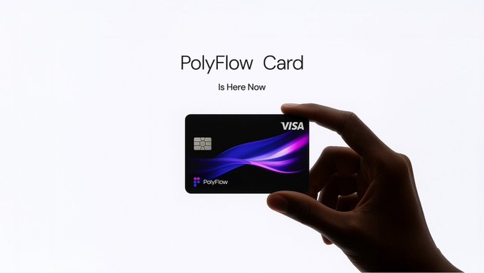 A silhouetted hand holds a black PolyFlow/VISA credit card against a light background, with the text "PolyFlow Card Is Here Now" displayed above, visually reinforcing the caption's message that PolyFlow's PayFi project has moved beyond concept into a tangible, real-world financial product.