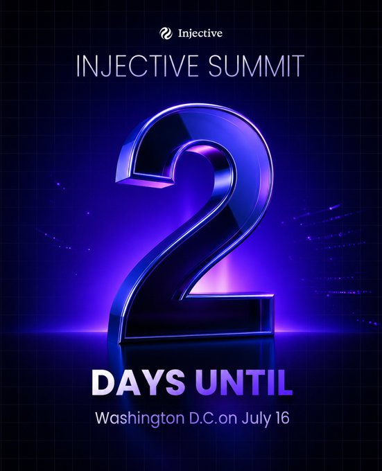 A promotional poster for the Injective Summit with a large 3D number "2" indicating "2 DAYS UNTIL" the event in Washington D.C. on July 16, set against a purple neon background.