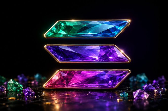 Three glowing, gem-like chevrons in green, purple, and pink are stacked against a dark background, surrounded by scattered crystalline fragments, symbolizing an exciting, high-value event unfolding on the Solana blockchain. The radiant, jewel-toned graphics visually convey the "big" and valuable nature of the upcoming announcement.