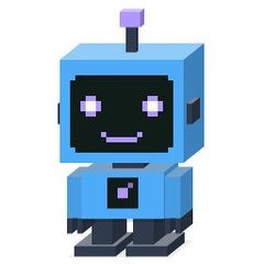 A pixel art illustration of a small blue robot with a smiling digital face and tank treads.