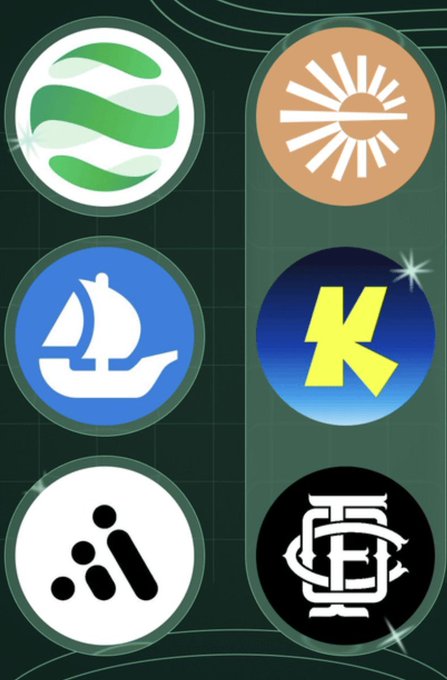 A graphic displaying six circular cryptocurrency or project icons, including a green layered design, a blue sailing ship, a white abstract symbol, a tan sun emblem, a blue circle with a yellow 'K', and a black circle with a white monogram.