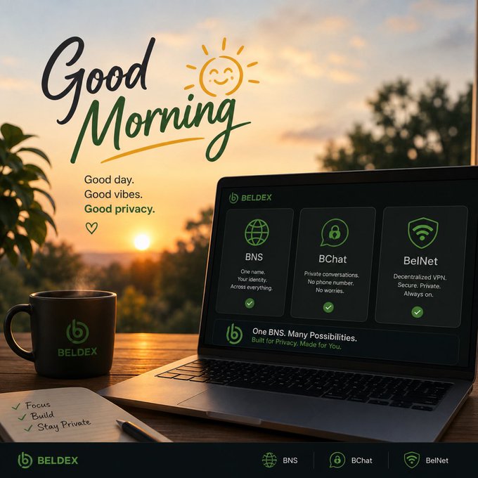 A "Good Morning" promotional image featuring a laptop displaying Beldex's integrated services (BNS, BChat, and BelNet) alongside a branded coffee mug at sunrise, illustrating how the platform allows users to register a single BNS name that seamlessly works across all three privacy-focused apps. The tagline "One BNS. Many Possibilities. Built for Privacy. Made for You." reinforces the post's message about crypto's streamlined approach to managing multiple services through one identity.