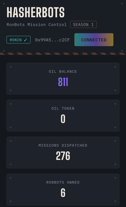 HASHERBOTS RonBots Mission Control dashboard for Season 1, showing RONIN wallet (0x99A5...c2CF) as CONNECTED, with OIL BALANCE of 811, OIL TOKEN of 0, MISSIONS DISPATCHED of 276, and RONBOTS OWNED of 6.