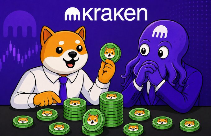 A cartoon Shiba Inu in a tie holds up a $BABYDOGE coin while a surprised purple Kraken mascot looks on, with stacks of Shiba Inu-branded tokens scattered across the table beneath the "Kraken" logo. The image humorously illustrates the post's message, using the iconic Shiba Inu imagery to playfully pressure Kraken into listing the $BABYDOGE token.