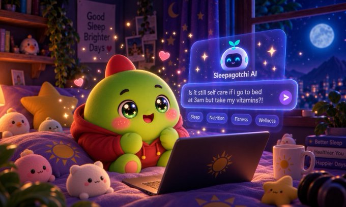 An illustration of a cute green cartoon character in a red hoodie using a laptop in a cozy, star-themed bedroom, with a chat bubble labeled 'Sleepagotchi AI' asking, 'Is it still self care if I go to bed at 3am but take my vitamins?!'