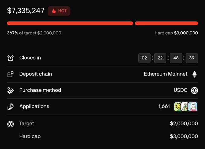 A fundraising dashboard showing $7,335,247 raised, marking 367% of the $2,000,000 target and nearing the $3,000,000 hard cap, with 02:22:48:39 remaining on the Ethereum Mainnet using USDC.