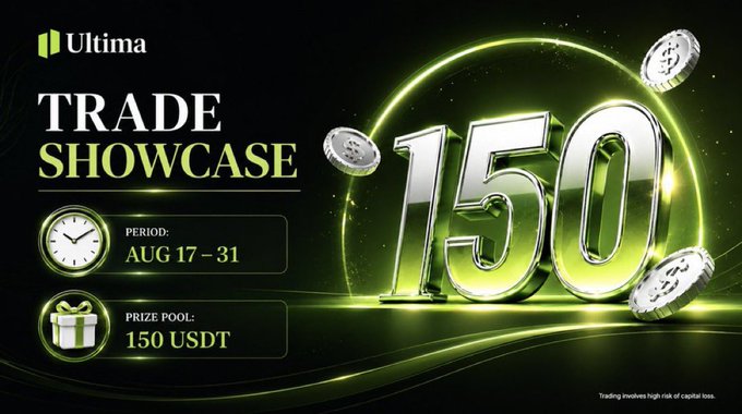 A promotional banner for Ultima's 'TRADE SHOWCASE' with a period of Aug 17-31 and a prize pool of 150 USDT, featuring large gold '150' numerals with coins.