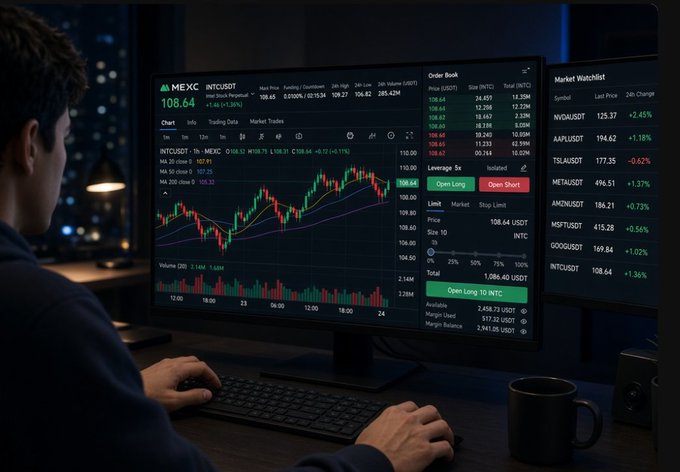 A trader works at a multi-monitor setup displaying the MEXC trading interface, with the main screen showing an INTC/USDT chart at 108.64 and a candlestick price graph, while a side panel lists a market watchlist featuring tickers like NVDA, AAPL, TSLA, and META with their 24-hour price changes. The image directly illustrates the post's message about using MEXC to trade U.S. stock futures—such as Intel (INTC)—with USDT, allowing users to go long or short on share price movements without owning the underlying stock.