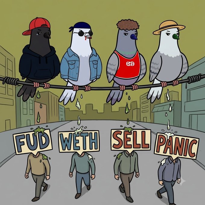 Cartoon illustration of four pigeons in streetwear perched on a wire above four walking figures whose heads are replaced with signs reading 'FUD', 'WETH', 'SELL', and 'PANIC'.