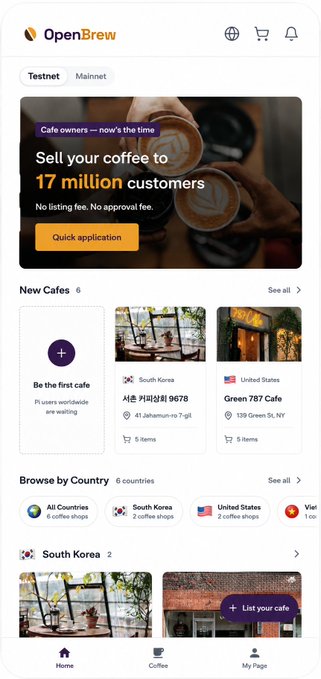 A mobile app screenshot of OpenBrew with a promotional banner reading 'Sell your coffee to 17 million customers', featuring listings for cafes like 'South Korea' and 'Green 787 Cafe' under the 'New Cafes' and 'Browse by Country' sections.