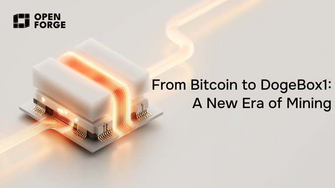The image shows a glowing white hardware mining device with illuminated circuitry, featuring the Open Forge logo and the text "From Bitcoin to DogeBox1: A New Era of Mining." It visually represents the DogeBox1 miner mentioned in the post, showcasing the sleek hardware being promoted for easy, multi-asset cryptocurrency mining.