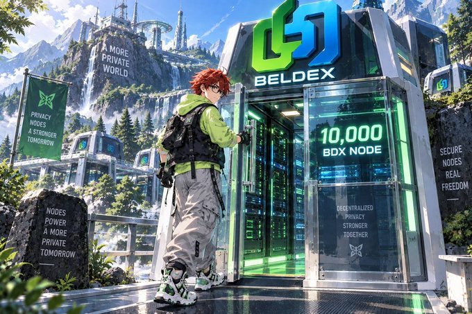 Anime-style illustration of a person approaching a Beldex server pod labeled 'BELDEX 10,000 BDX NODE' with text 'A MORE PRIVATE WORLD' and 'PRIVACY NODES A STRONGER TOMORROW'.