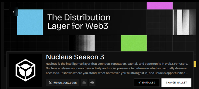 The image shows a promotional screen for Nucleus Season 3, described as "The Distribution Layer for Web3" and "the intelligence layer that connects reputation, capital, and opportunity in Web3," featuring an "ENROLLED" status with the wallet handle @NucleusCodes. This aligns with the post's focus on browsing Nucleus's open opportunities list, highlighting diverse listings like stablecoin reward pools and token airdrops that users can discover beyond the commonly discussed options.