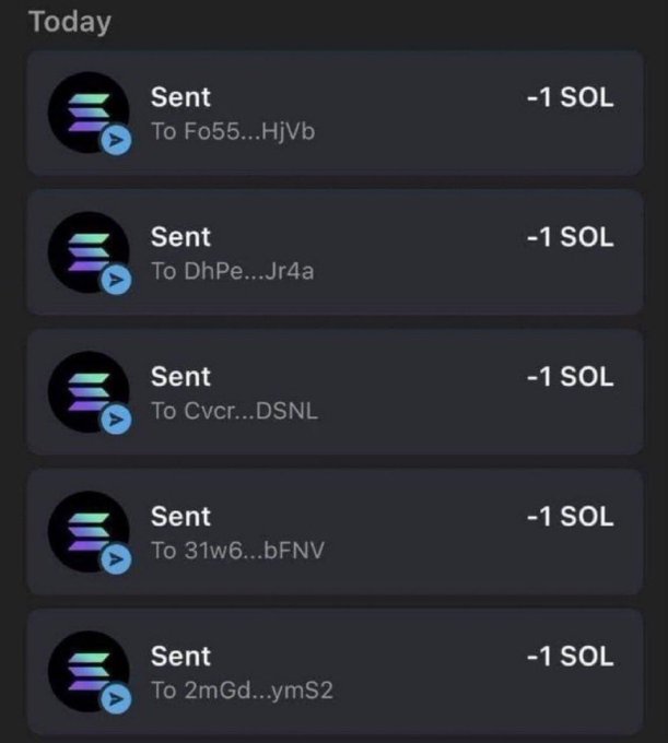 The image shows a Solana wallet transaction history displaying five recent "Sent" transactions of -1 SOL each to various partially obscured wallet addresses (Fo55...HjVb, DhPe...Jr4a, Cvcr...DSNL, 31w6...bFNV, and 2mGd...ymS2) dated "Today." This appears to document the airdrop claim process referenced in the post, showing completed transfers of 1 SOL to the first eligible wallets that followed the instructions and retweeted the pinned post.