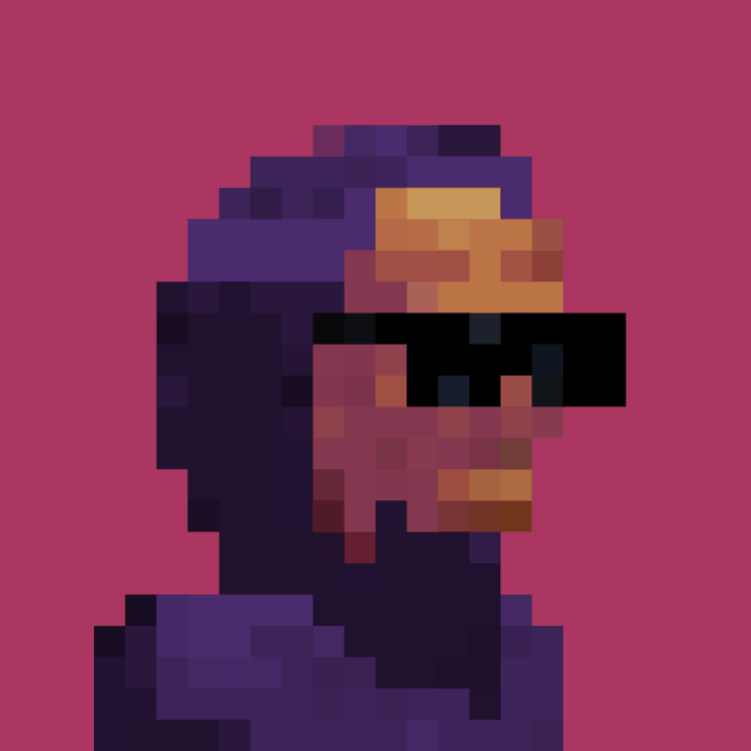 A highly pixelated, low-resolution portrait of a figure with dark hair, orange skin tones, and a black blindfold or sunglasses, set against a solid maroon background.