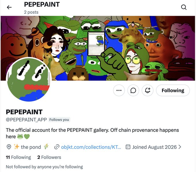 A screenshot of an X/Twitter profile for 'PEPEPAINT' (@PEPEPAINT_APP), describing itself as the official account for the PEPEPAINT gallery with off-chain provenance, featuring a banner of various frog meme characters.