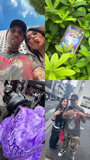 A four-image collage shows a couple taking a selfie with pouts, a Pokémon trading card in green bushes, purple graffiti bags in Tokyo, and the same couple posing on a city street.