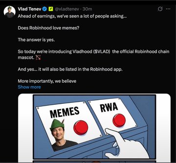 The image shows a tweet from Vlad Tenev (@vladtenev) where he humorously addresses memes about Robinhood by introducing "$VLAD," the "official Robinhood chain mascot," with a cartoon depicting a choice between "MEMES" and "RWA." The post relates to a hack where fraudsters exploited Tenev's account to promote a fake $VLAD token, profiting over $1M in 45 minutes before the tweet was deleted.