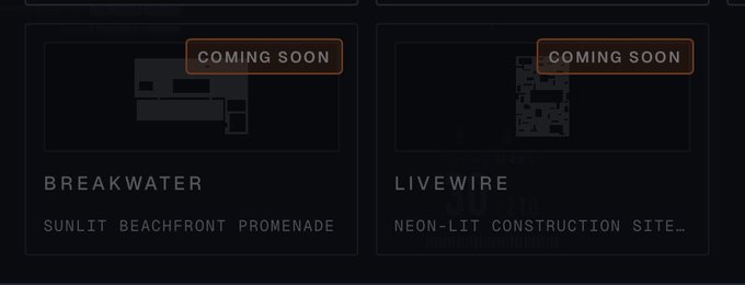Two dark cards labeled 'COMING SOON' featuring map silhouettes, with titles 'BREAKWATER - SUNLIT BEACHFRONT PROMENADE' and 'LIVEWIRE - NEON-LIT CONSTRUCTION SITE...'