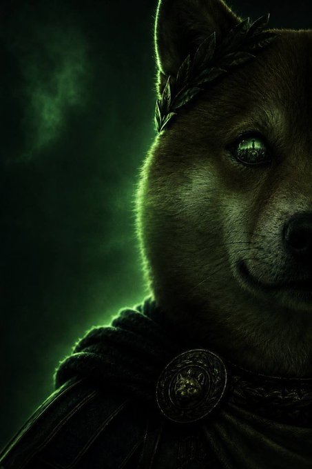 The image features a brown dog with green eyes wearing a black cape or robe. The background of the image is dark green, which contrasts with the dog's fur color. There are also some texts present in the image that read "Night night Fam The market may be quiet, but builders aren'q".