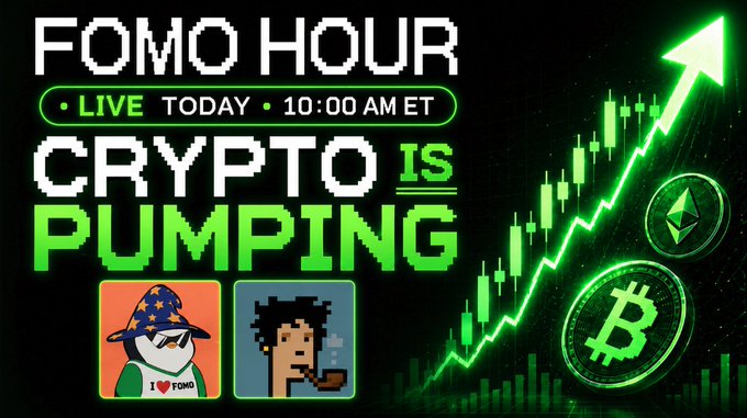 A promotional graphic for "FOMO HOUR" featuring pixel-art character avatars, the text "CRYPTO IS PUMPING," and "LIVE TODAY • 10:00 AM ET," alongside a glowing green candlestick chart trending upward with Bitcoin and Ethereum coins, visually reinforcing the post's announcement of a live stream covering crypto's mega rally and market insights.