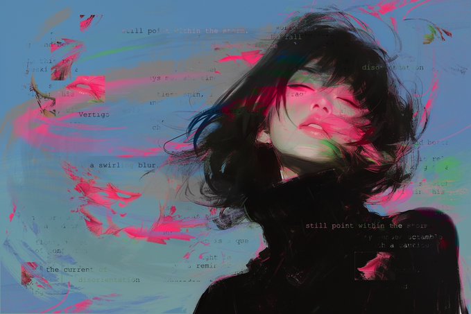 A digital painting of a woman with dark hair and closed eyes against a blue background with pink brushstrokes, overlaid with fragments of text including 'Vertigo', 'swirl', and 'still point'.